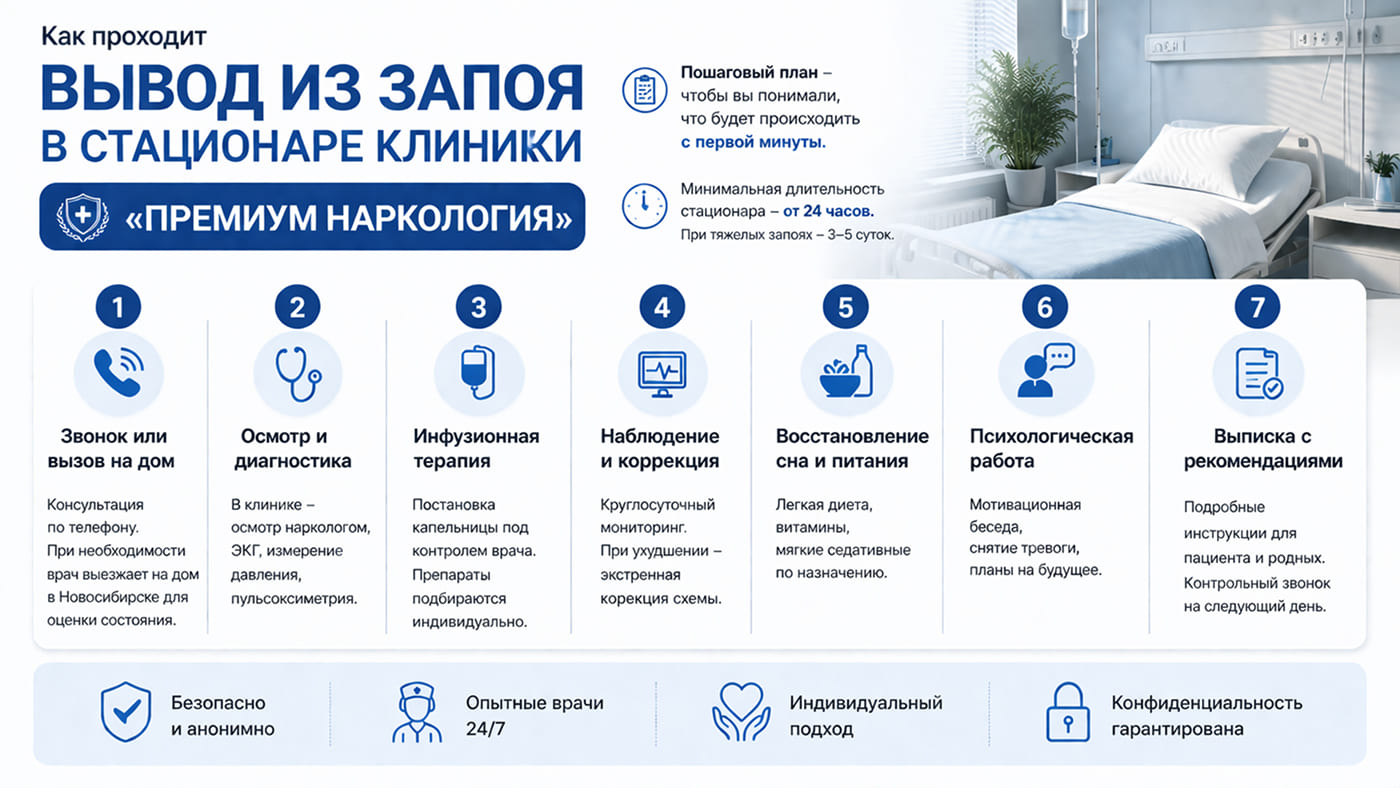Инфографика: 7 этапов вывода из запоя в стационаре клиники Премиум Наркология — от звонка до выписки
